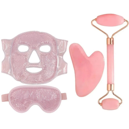 Ensemble de soins du visage 4 pièces : Masque en gel + Masque pour les yeux en gel + Grattoir Gua Sha en résine + Rouleau de massage double face en résine, Ensemble beauté