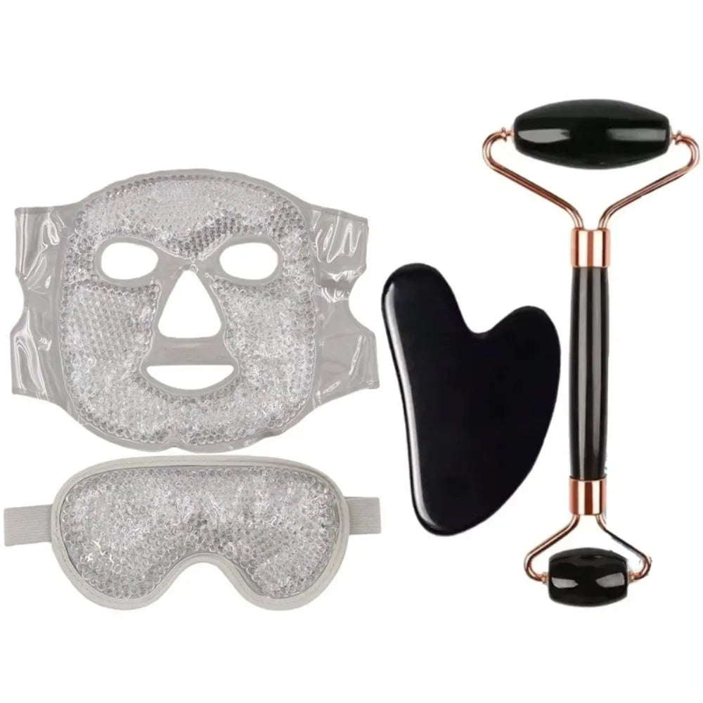 Ensemble de soins du visage 4 pièces : Masque en gel + Masque pour les yeux en gel + Grattoir Gua Sha en résine + Rouleau de massage double face en résine, Ensemble beauté