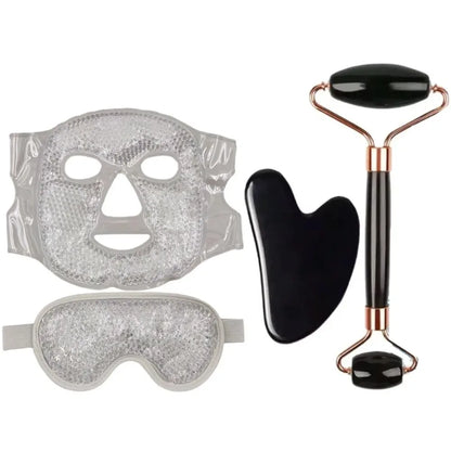 Ensemble de soins du visage 4 pièces : Masque en gel + Masque pour les yeux en gel + Grattoir Gua Sha en résine + Rouleau de massage double face en résine, Ensemble beauté