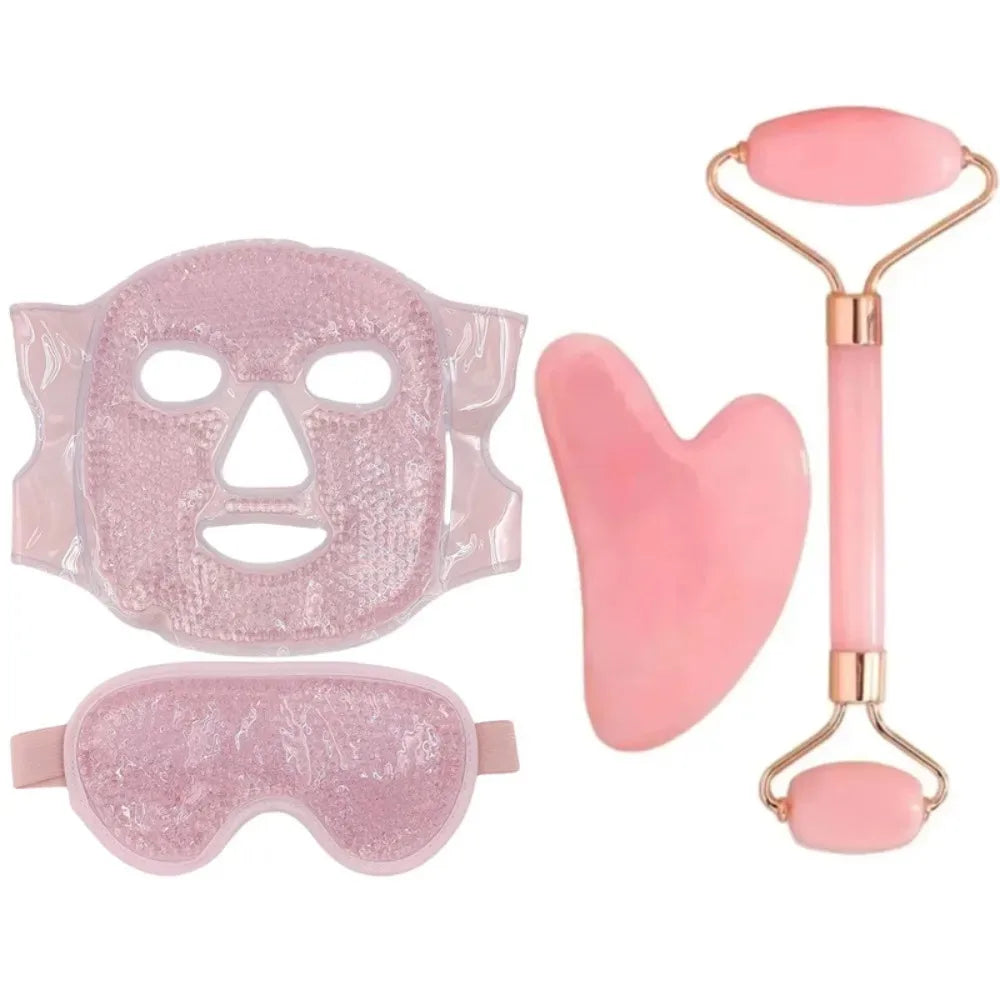Ensemble de soins du visage 4 pièces : Masque en gel + Masque pour les yeux en gel + Grattoir Gua Sha en résine + Rouleau de massage double face en résine, Ensemble beauté