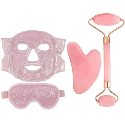 Ensemble de soins du visage 4 pièces : Masque en gel + Masque pour les yeux en gel + Grattoir Gua Sha en résine + Rouleau de massage double face en résine, Ensemble beauté