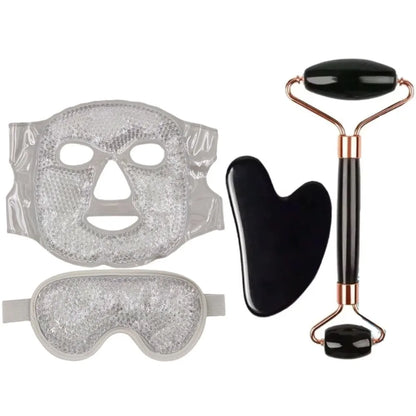 Ensemble de soins du visage 4 pièces : Masque en gel + Masque pour les yeux en gel + Grattoir Gua Sha en résine + Rouleau de massage double face en résine, Ensemble beauté