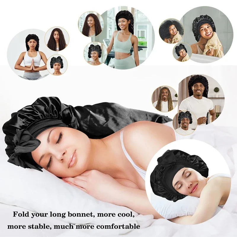 Grand Bonnet de Nuit en Satin avec Lien — Extra Large, Tous Types de Cheveux